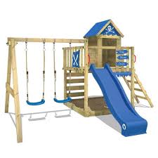 Aire de jeux enfant bois. Wickey Aire De Jeux Portique Bois Smart Cave Avec Balancoire Et Toboggan Bleu Cabane Enfant Exterieur Avec Bac A Sable Cdiscount Jeux Jouets