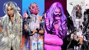 Lady gaga posed for the mtv video music awards aired tonight wearing area fall 2020 rtw dress (not available online), dena kemp diamond jewelry (not available online) and pleaser beyond 1020 boots ($118.95). 2020 Mtv Vmas See All Of Lady Gaga S Showstopping Outfits And Mask Changes Entertainment Tonight