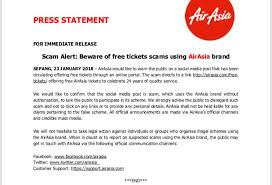 By continuing to use our website, you are agreeing to the use of cookies as set out. Airasia On Twitter Press Statement Scam Alert Beware Of Free Tickets Scams Using Airasia Brand