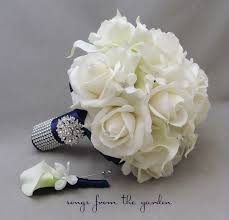 Navy White Wedding Flower Package Bridal Bouquet Stephanotis Real Touch Roses Calla Lily Groom S Boutonniere Pearl Rhinestone Accents Brooch With Images Wedding Flower Packages Silk Flower Bridal Bouquet Wedding Flowers Bridal