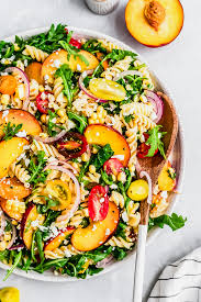 Peach Tomato Corn Arugula Pasta Salad Ambitious Kitchen Recipe Arugula Pasta Vegetarian Pasta Salad Pasta Salad