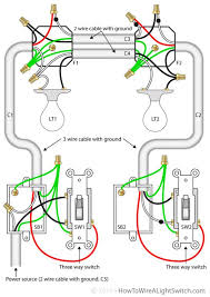 Wire to light goes from other switch. Two Lights Between 3 Way Switches With The Power Feed Via One Of The Light Switches Home Electrical Wiring 3 Way Switch Wiring Electrical Wiring