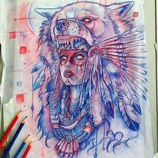 Native American Girl With Wolf Headdress Love This Artwork So Much Maybe Even Get It As A Tattoo Xd Wolf Tattoos Art Sketches