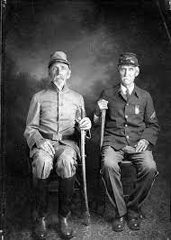 1910 Two Old Men Brothers Pose In Their Civil War Uniforms One Union And One Confederate Civil War History Civil War War Veterans
