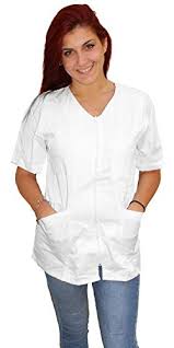 Camice da lavoro bianco,donna,classico avvitato,tessuto misto cotone quindi di facile stiratura,2 tasche molto ampie per oggetti piu' un taschino al petto,possibilita' di candeggio,adatto a personale ospedaliero,alimentari,farmacie e scuole in genere. Casacca Camici Da Lavoro Donna Con Zip Bianco Cotone Estetista Parrucchiera Maestra Asilo Alimentari Xxl Bianco