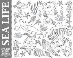 Black And White Saltwater Fish Clipart Digital Sea Life Clip Art Underwater Fish Crab Octopus Etsy Sea Turtle Images Turtle Images Clip Art
