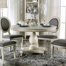 Contrasting white faux leather upholstery adds to the aesthetic. Transitional Antique White Dining Room 5 Piece Round Table Gray Chairs Set Cde Ebay
