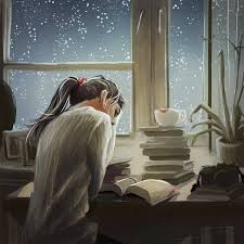Reading Books Woman Rain Snow Window Night Reading Art Pictures Illustration Art