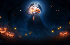 Wallpaper Lights Dark Halloween Moon Grass Fantasy Forest Sky Trees Crow Night Dusk Night Sky Holiday Digital Art Artwork Images For Desktop Section Prazdniki Download Hand painted illustration fantasy forest night. wallpaper lights dark halloween moon