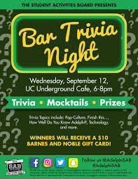 Find a king trivia location near you. Adelphi U Sab On Twitter Next Week Wednesday Is Bar Trivia Night Come To The Uc Underground Cafe At 6 For Trivia Prizes And Most Importantly Mocktails Https T Co Ixslftgtan
