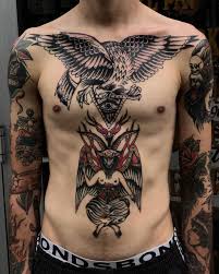 Black And White Eagle Chest Tattoo Added Some Black To Polz Hey Eagle Chest More Soon Baphomet Is Healed For Booking Co Traditional Chest Tattoo Traditional Eagle Tattoo Eagle Chest Tattoo