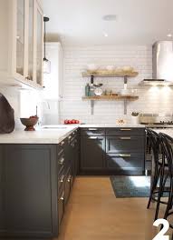 Love The Charcoal Grey Lower Cabinets Open Shelving Subway Tile And Light Upper Cabinets Kitchen Cabinet Colors Home Kitchens Kitchen Inspirations
