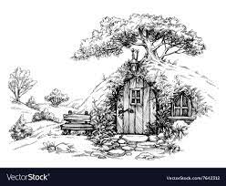 With the help of the simple instructions in this article, you can learn to draw some of the most lovely and stunning landscapes in our world. A Dwarf House In The Woods Sketch Download A Free Preview Or High Quality Adobe Illustrator Ai Eps Pdf Drawing Scenery Nature Art Drawings Fantasy Drawings