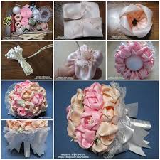 Diy Ribbon Flower Wedding Bouquet In 2020 Fabric Flowers Diy Fabric Flower Bouquet Ribbon Crafts