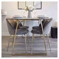 Those velvet bucket chairs are amazon? her response was arch: Heather Dining Chair Velvet Upholstered Charcoal Grey Glass Top Dining Table Dining Chairs Dining Room Design