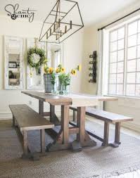 Here's a beautiful diy farmhouse table that features a stunning table along with two benches. Diy Pottery Barn Inspired Dining Table For 100 Shanty 2 Chic