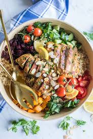 Moroccan Chicken Quinoa Salad This Nutritious Gluten Free Grain Salad Is Filled With Vegetables He Chicken Quinoa Salad Chicken Quinoa Chicken Salad Recipes