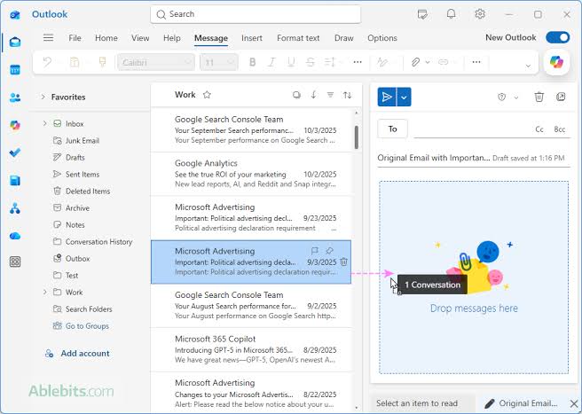 Dragging an email to attach in New Outlook, AI generated