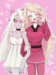 sinnara pedall, charlie morningstar, vaggie, hazbin hotel, highres, 2girls,  blonde hair, bow, circle facial mark, colored sclera, colored skin, couple,  fangs, grey hair, grey skin, hair bow, holding anothers arm, long  hair,
