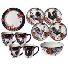 Black And White Toile Dinnerware Set Stoneware Rooster 16 Piece Dinnerware Set Cracker Barrel Rooster Kitchen Decor Chicken Decor Dinnerware Set