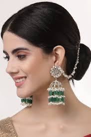 Gold Finish Crystal & Semi-Precious Green Stone Jhumka Earrings by Bijoux  By Priya Chandna at Pernia's Pop Up Shop