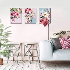 Flower Canvas Wall Art For Bedroom Woman Wall Decor Pink White Flowers Picture 3 Piece Framed Artwork Modern Plant Floral Canvas Prints For Kitchen Home Bathroom Girls Room Wall Decoration 12 X16