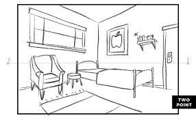 This drawing has a lot of cabinets, a stovetop, a fridge, shelves, drawers, a sink, a vase, and a teapot. Drawing With Perspective In Procreate Bardot Brush