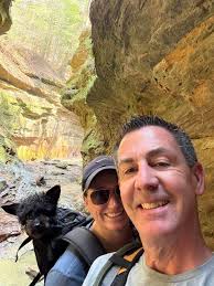 Catching a ride because the trail isn't the most dog-friendly, especially  with little legs. Turkey Run and Shades State Parks