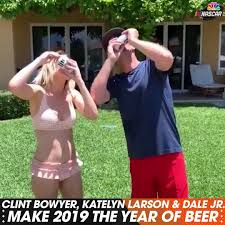 Flip the page to see katelyn shotgunning a beer Nascar On Nbc Katelyn Larson Clint Bowyer Dale Jr And Beer Facebook