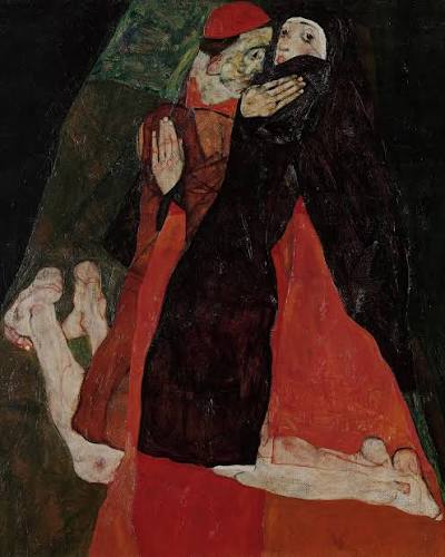 Egon Schiele 🇦🇹 “Cardinal and Nun” (Caress) “Kardinal ve Rahibe”  (Okşamak),1912 🏛️Leopold Museum, Vienna Egon Schiele'nin çarpıcı ve  duygusal figürleri, bu sefer iki “dini figür” olarak katı bir sistemi  eleştirir biçimdedir. Her