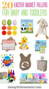 Basket is filled with the following: 20 Easter Basket Fillers For Babies And Toddlers Messy Little Monster