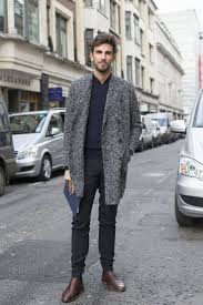 Black Pants And Brown Boots Men Men S Charcoal Plaid Overcoat Navy Shawl Neck Sweater Black Dress Pants Dark Brown Leather Chelsea Boots Mens Street Style Mens Outfits Fall Fashion Coats