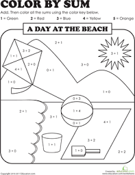 Mental maths is taught to the primary and middle class students to improve their mathematical aptitude by presenting the various mathematical problems and principles to them as the means of recreation, fun and inspiration. Color By Sum Beach Day Worksheet Education Com Fun Math Worksheets Fun Math Math Coloring Worksheets