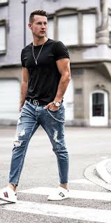 How To Wear Ripped Jeans Like A Street Style Star Blue Jeans Outfit Men Jeans Outfit Men Mens Casual Outfits