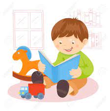 背景イラストをポスターに室内のおもちゃや本棚で本を読む少年 のイラスト素材・ベクタ - . Image 32945477.