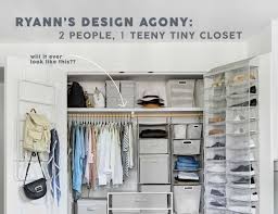 Learning how to organize shoes in a small closet makes a difference! Two People One Tiny Closet A Small Space Storage Agony With 5 Problems 5 Clever Solutions Emily Henderson