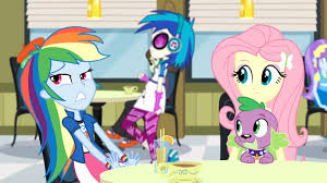 I love @rubenshimmer and i love my twittsister @melipegasister ❤. 753862 Safe Rainbow Dash Fluttershy Spike Vinyl Scratch Dj Pon 3 Watermelody Drama Letter Aqua Blossom Sophisticata Screencap Equestria Girls Sitting Rainbow Rocks Looking Up Gritted Teeth Dog Headphones Background Human Cup