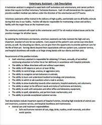 The job description of the veterinary assistant is to ensure that all animals brought to the clinic are in good condition by facilitating good hygiene and feeding them regularly for a healthy living. Free 8 Sample Vet Tech Job Description Templates In Ms Word Pdf
