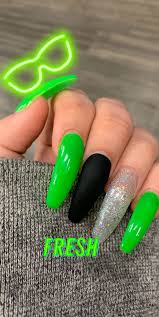 Choose from a range of solid, shimmer and glitter colours and their selection of 'essential' resin products. Long Green Nails With One Matte Black Nail Amp One Glitter Nail One Glitter Nails Green Acrylic Nails Neon Green Nails