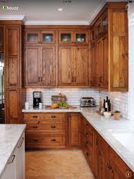 Rich Oiled Wood Shaker Cabinets With White Tile Backsplash And Marble Countertop Kitchen Cabinet Design Rustic Kitchen Cabinets Rustic Kitchen