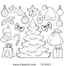 Clipart Of An Outlined Christmas Tree With Decorations And Holiday Items Royalty Free Vector I Coloring Books Coloring Book Download Free Vector Illustration