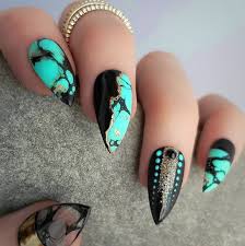 Black And Teal Stiletto Nails Turquoise Stone Detail With Black Gold Stiletto Nails Designs Stiletto Nail Art Nail Designs