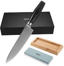 Hecef Couteau De Chef Couteau Damas De Cuisine Vg10 Avec Pierre A Aiguiser En 2020 Couteau De Cuisine Japonais Couteau Damas Pierre A Aiguiser