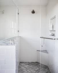 White gray black beige brown blue green teal yellow gold bronze mosaic tile field tile handmade subway patterned marble look concrete look stone look ceramic porcelain cement natural stone marble less than 1 x 1 2 x 2 2 x 4 3 x 6 4 x 12 8 x 8 12 x 12 18 x 18 bathroom floor bathroom wall shower floor shower wall backsplash countertop kitchen. Gray Marble Herringbone Floor Tiles Combined With White Subway Tiles Balance Dark And Li Grey Marble Bathroom Tiles Herringbone Shower Floor Custom Tile Shower