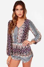 Long Sleeve Romper Navy Blue Romper Paisley Romper 48 00 Lulus