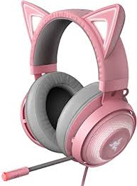 It is a large, purple cat with long ears and yellow eyes. Amazon Com Razer Kraken Kitty Rgb Usb Gaming Headset Thx 7 1 Spatial Surround Sound Chroma Rgb Lighting Retractable Active Noise Cancelling Mic Lightweight Aluminum Frame For Pc Quartz Pink Computers Accessories