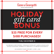 Google play gift card code, the money see more ideas about amazon gift card free, free amazon products, african shirts for men. 25 Free Holiday Gift Card Bonus At Gene Georgetti Gene And Georgetti