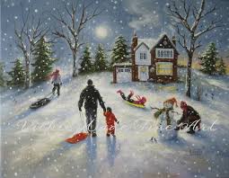 Family Snow Play Art Print Sledding Children Paintings Snow Playing In Snow Three Kids In Snow Mom And Dad Five Vickie Wade Art Art Prints Baby In Snow