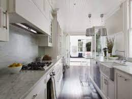white shaker cabinets, galley style kitchen