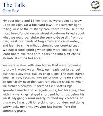 Black hair, brown face, and skinny legs scuffed from summer play. Gary Soto The Talk